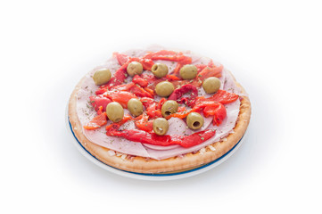 Isolated ham pizza with green olives