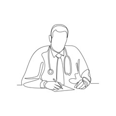 Continuous line drawing of man hospital doctor writing patient paper document. Vector illustration.