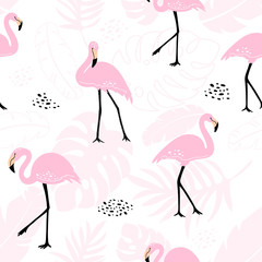 Obraz na płótnie Canvas Cute seamless pattern with pink flamingos and tropical plants.