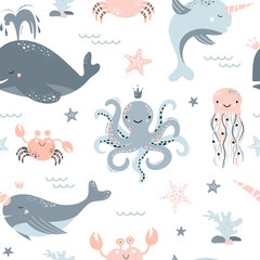 Cute seamless pattern with whale, narwhal, octopus, jellyfish, starfish, crab.