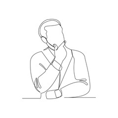 Continuous line drawing of thinking man. One line art of businessman thinking idea. Vector illustration