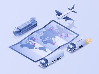 World map logistic tracking process via plane, truck, and shipping. 3D isometric illustration vector image
