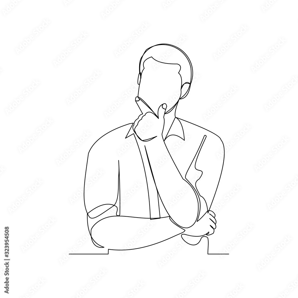 Wall mural Continuous line drawing of thinking man. One line art of businessman thinking idea. Vector illustration