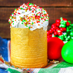 easter cake and easter eggs, traditional holiday design (happy easter) menu concept. food background. top view. copy space