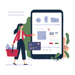 Online shop - modern flat vector illustration concept of woman shopping online Website interaction and purchasing process. Creative landing page design template.
