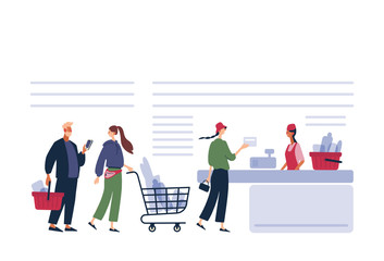 Customers Stand in Line at Grocery or Supermarket Turn with Goods in Shopping Trolley Put Buys on Cashier Desk for Paying. Purchases, Sale Consumerism, Queue in Store Cartoon Flat Vector Illustration.
