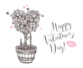 Hand drawn vector love illustration, wedding and Valentines Day card with young tree in the shape of a heart with flowers in wooden pot. Vintage retro sketch style with seedling. Engraving template de