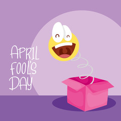 happy april fools day card with surprise box and emoji