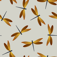 Fototapeta premium Dragonfly modern seamless pattern. Repeating dress fabric print with flying adder insects. Flying 