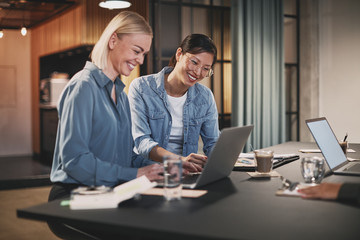 Smiling businesswomen working together on a laptop in an office