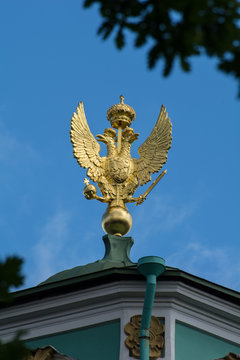 Three-headed golden eagle on the roof of the State Hermitage Museum, St. Petersburg, Russia