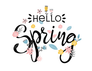Hello Spring. Beautiful modern poster with hand drawn lettering. Template for logo, greeting card, print on a t-shirt. Vector illustration isolated on a white background