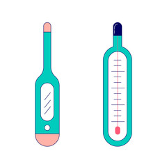 Medical digital and glass thermometers isolated on white background. Temperature measurement equipment vector. Modern flat icon in stylish colors. Web site page and mobile app design element.