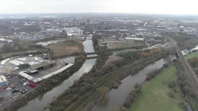 Aerial drone flying towards Doncaster City Centre, Yorkshire
