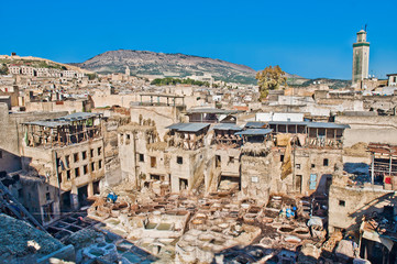 Naklejka premium Leather tannery at Fez, Morocco