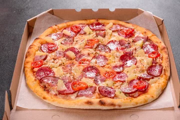Foto op Plexiglas Pepperoni Pizza with Mozzarella cheese, salami, ham © chernikovatv