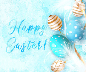 Easter festive elegant background, decorative eggs painted with a gold pattern, feathers, ribbons, background from watercolor blue pastel spots, flowers, mixed media, 3D rendering