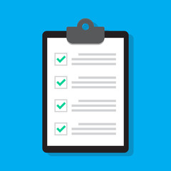 Clipboard or checklist icon in flat style. Done, tick, checkmark, approved signs. Task list, audit report and check symbols. Checklist for modern website, app and logo designs.