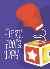 happy april fools day card with surprise box and boxing glove