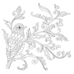 ornate decorative bird sitting on floral branch, looking away. o