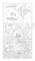 vertical abstract frame with cute swimming fishes, seaweed, star