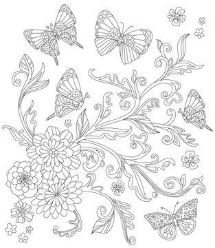 pattern with flowering plant and flying butterflies around. outl