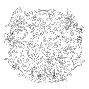pattern with cute flowers, butterflies, ladybugs. outline drawin