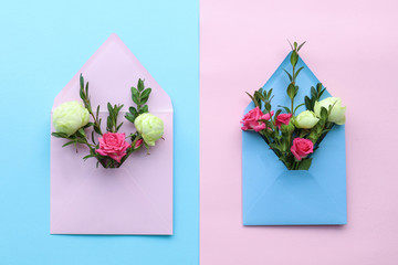 Pink and blue background, envelope with flowers for the holiday, envelope on March 8