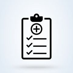 Fototapeta na wymiar Medical report icon in line style. Checklist, clipboard with plus sign. Clinical examination results, check-up symbols.