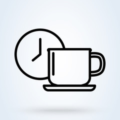 Coffee or tea cup with clock symbol. Coffee time illustration. Coffee break, rest sign. Mug with clock illustration for perfect web, app and logo design.