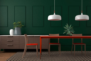 elegant and modern dinning room interior design setting with dark green wall, orange table and chairs and wooden furniture