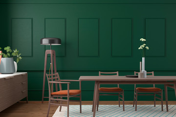 elegant and modern dinning room interior design setting with dark green wall, wooden table and chairs, 3d render