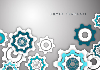 Tech background with colored gears, modern cover template. Place for text.