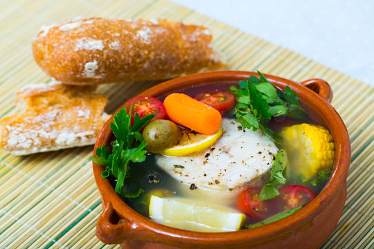 Fisherman's hoosh cooked with alaska pollock, corn and lemon