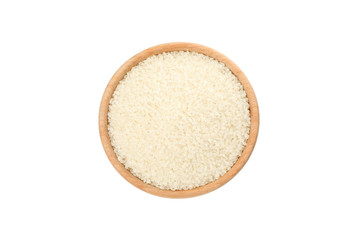 Wooden bowl with rice isolated on white background