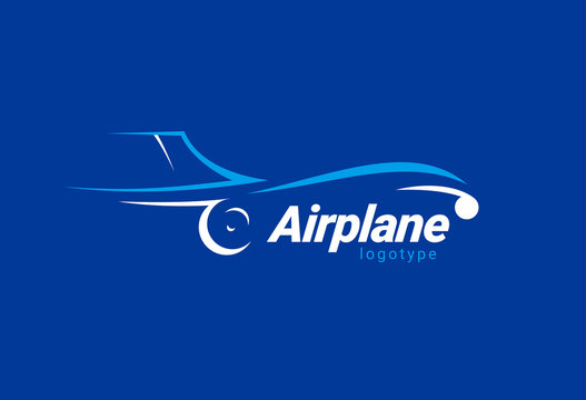 Airplane logo flight plane silhouette white color blue background