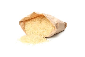 Paper bag with rice isolated on white background