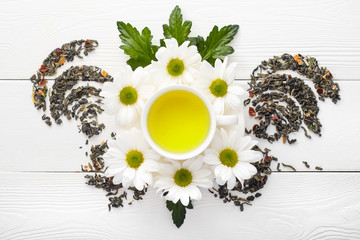 A cup of green tea on white boards with flowers. Top view. Composition with a cup of herbal tea on a light background.