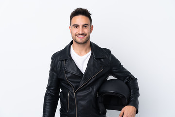 Man with a motorcycle helmet keeping the arms crossed in frontal position