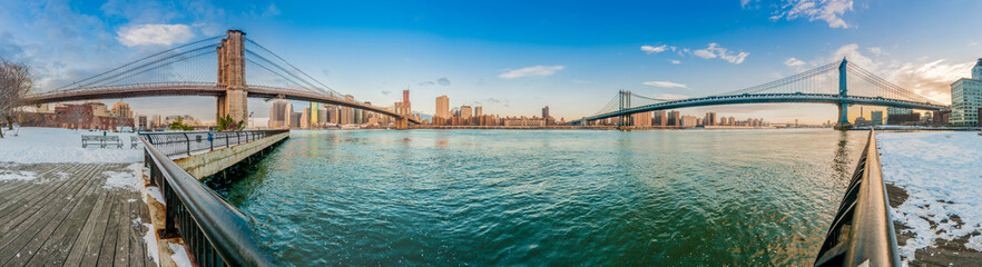 Manhattan Skyline from Pebble Beach in Brooklyn, United States.