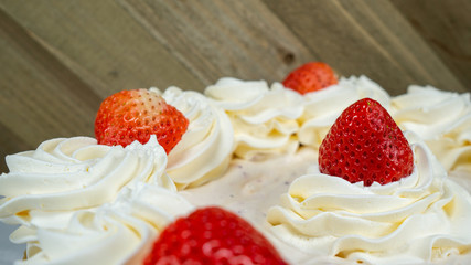 Pie Strawberry Chocolate Whipped Cream Brown Wood Marble Pineapple Blue Yellow Plate Settings