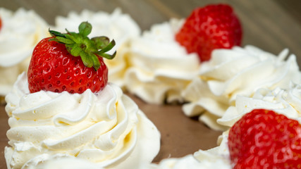 Pie Strawberry Chocolate Whipped Cream Brown Wood Marble Pineapple Blue Yellow Plate Settings