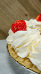 Pie Strawberry Chocolate Whipped Cream Brown Wood Marble Pineapple Blue Yellow Plate Settings