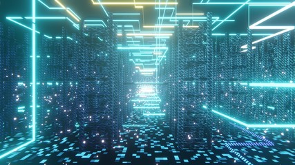 Abstract of modern high tech internet data center room with rows of racks with network and server hardware.