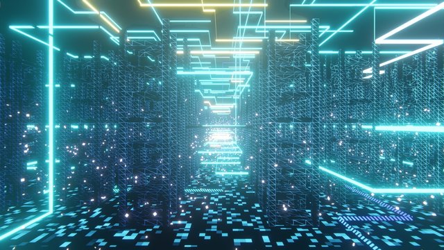 Abstract of modern high tech internet data center room with rows of racks with network and server hardware.