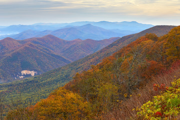 Autumn view of mountain peaks in the Blue Ridge range near Buena Vista, Virginia.  