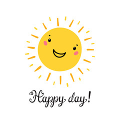 T-shirt Print Design for Kids with Little Cute Smiling Sun Icon. Cartoon Doodle Funny Happy Sun Face Vector Illustration. Scandinavian print or poster design, Baby shower greeting card. Happy Day