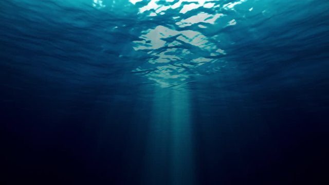 deep water seamless animation, light underwater animation with beams of sunlight and ripples on the surface, deep underwater loop background, 3D render