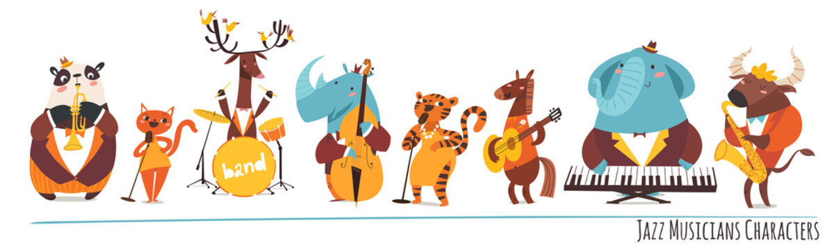 Jazz music cartoon characters with animals playing music instruments