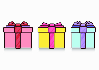 Set of cute gift boxes with bows. Multi-colored gift wrapping. Vector holiday illustration.